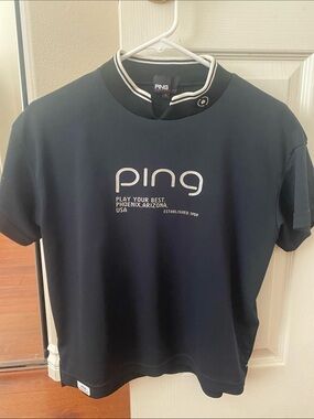 PING women's Navy Short-Sleeve Logo Polo with White Trim